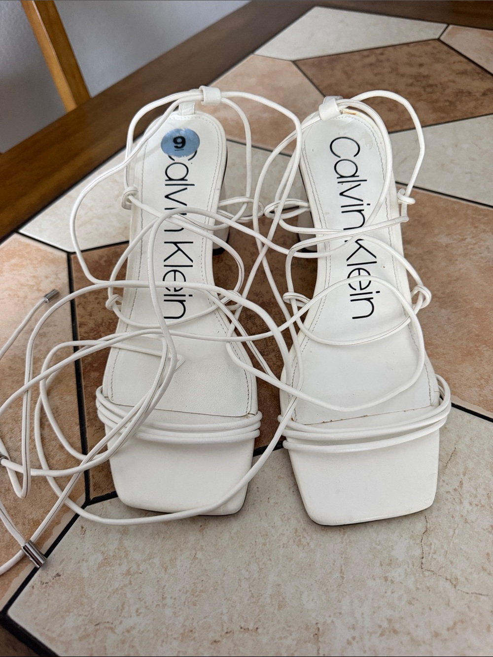 Calvin Klein White Lace-Up Square-Toe Heeled Sandals